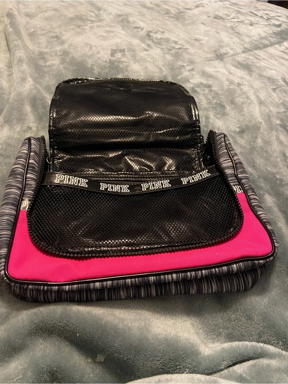 Victoria's Secret PINK Gray Striped and Hot Pink Travel Cosmetic Case